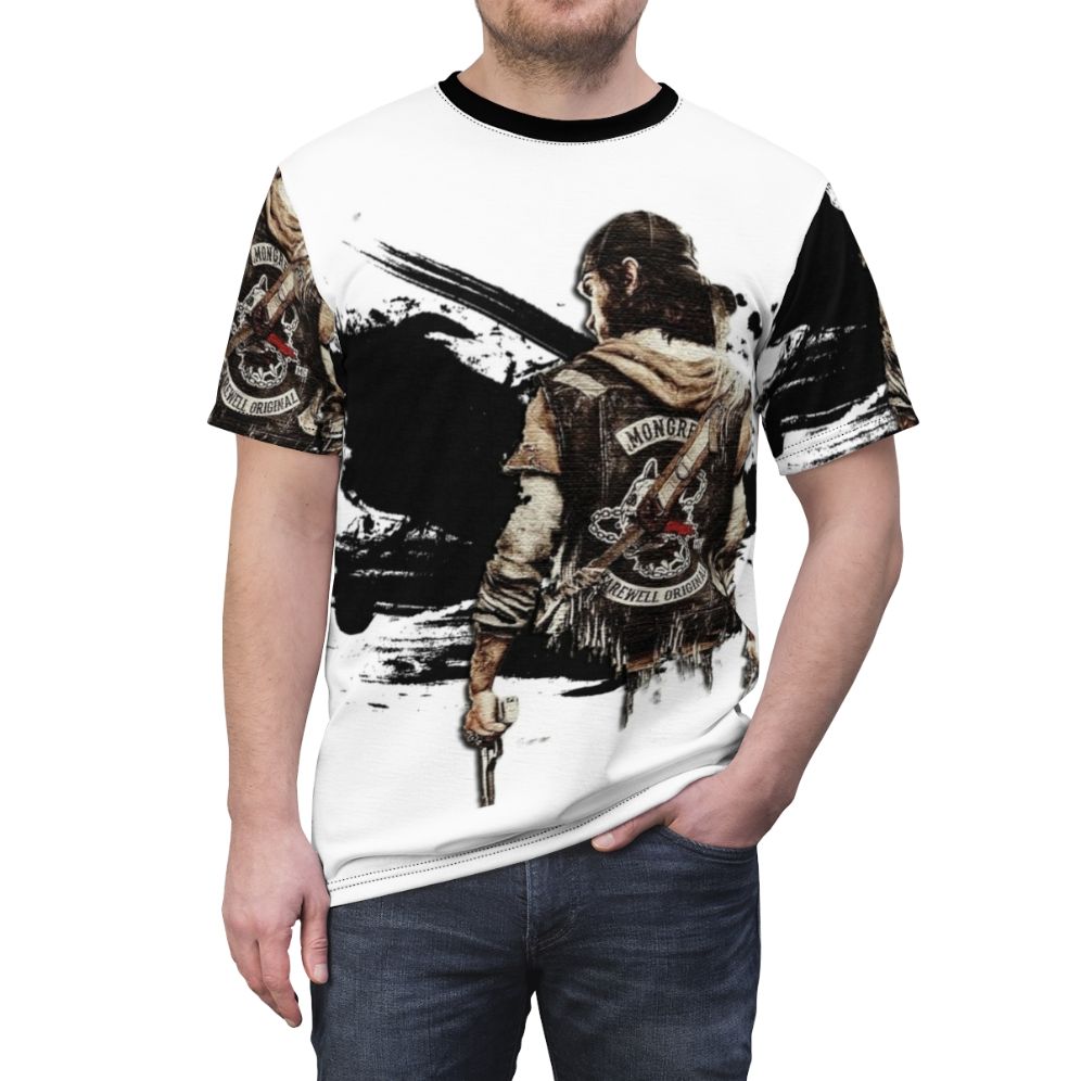 Stylized all-over-print t-shirt featuring the post-apocalyptic setting and characters from the video game Days Gone - men front