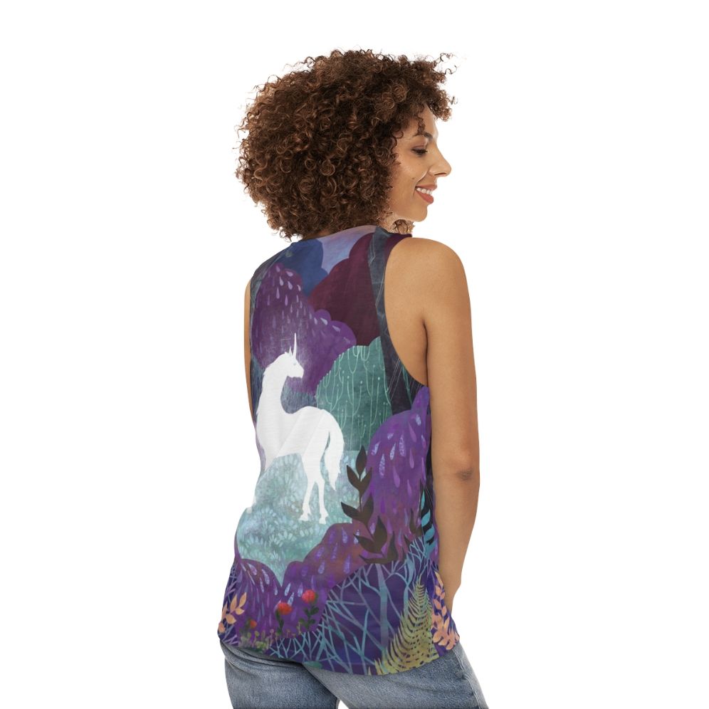 The Last Unicorn Unisex Tank Top featuring a magical unicorn in a fantasy forest - women back