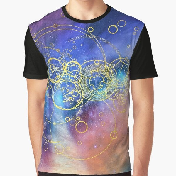 Time Lord graphic t-shirt with vortex hues and Gallifreyan design