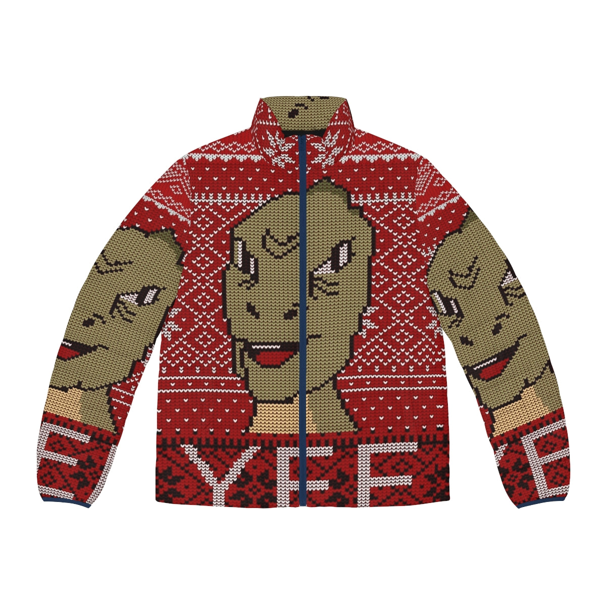 Yee Ugly Christmas Puffer Jacket featuring a dinosaur meme design