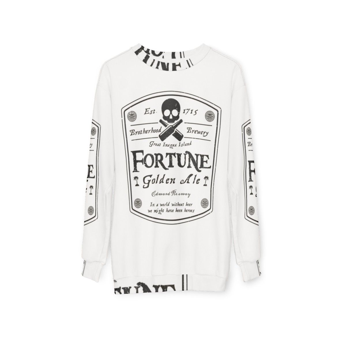 Assassin's Creed gaming sweatshirt with Fortune beer label design - hanging