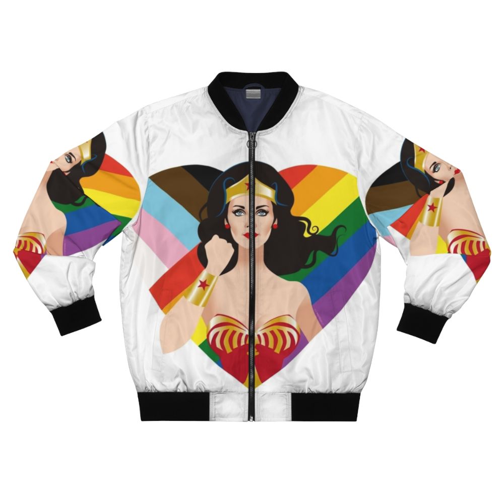 Colorful pride-themed bomber jacket with Alejandro Mogolloart design