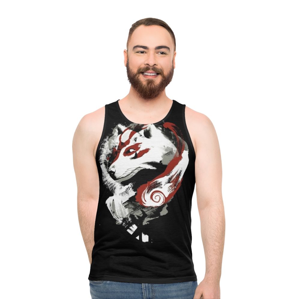 Unisex wolf graphic tank top with retro painterly okami and amaterasu design - men