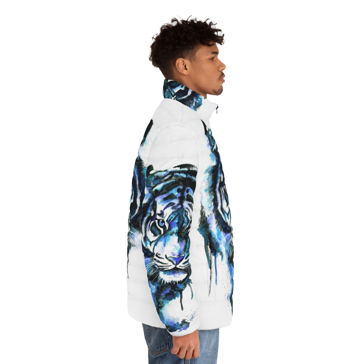 Blue tiger print puffer jacket - men side right