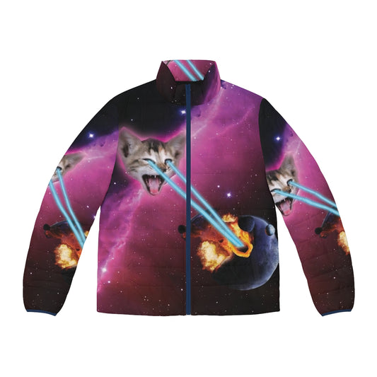 Laser cat puffer jacket floating in space against a backdrop of planets and stars