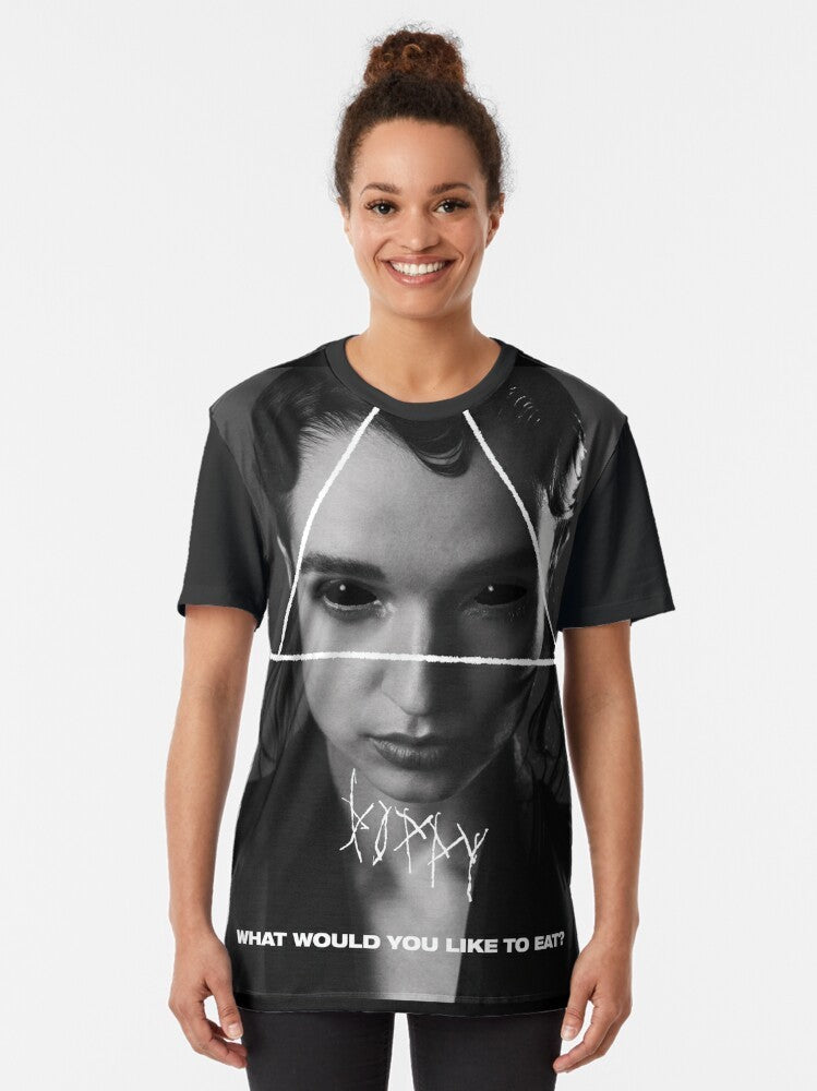 Poppy "What Would You Like to Eat?" graphic t-shirt, featuring the dark, gothic triangle logo and text - Women