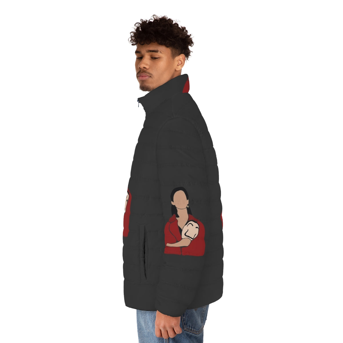 Nairobi Cut Out Money Heist Puffer Jacket featuring the iconic Nairobi character from the hit TV series - men side left