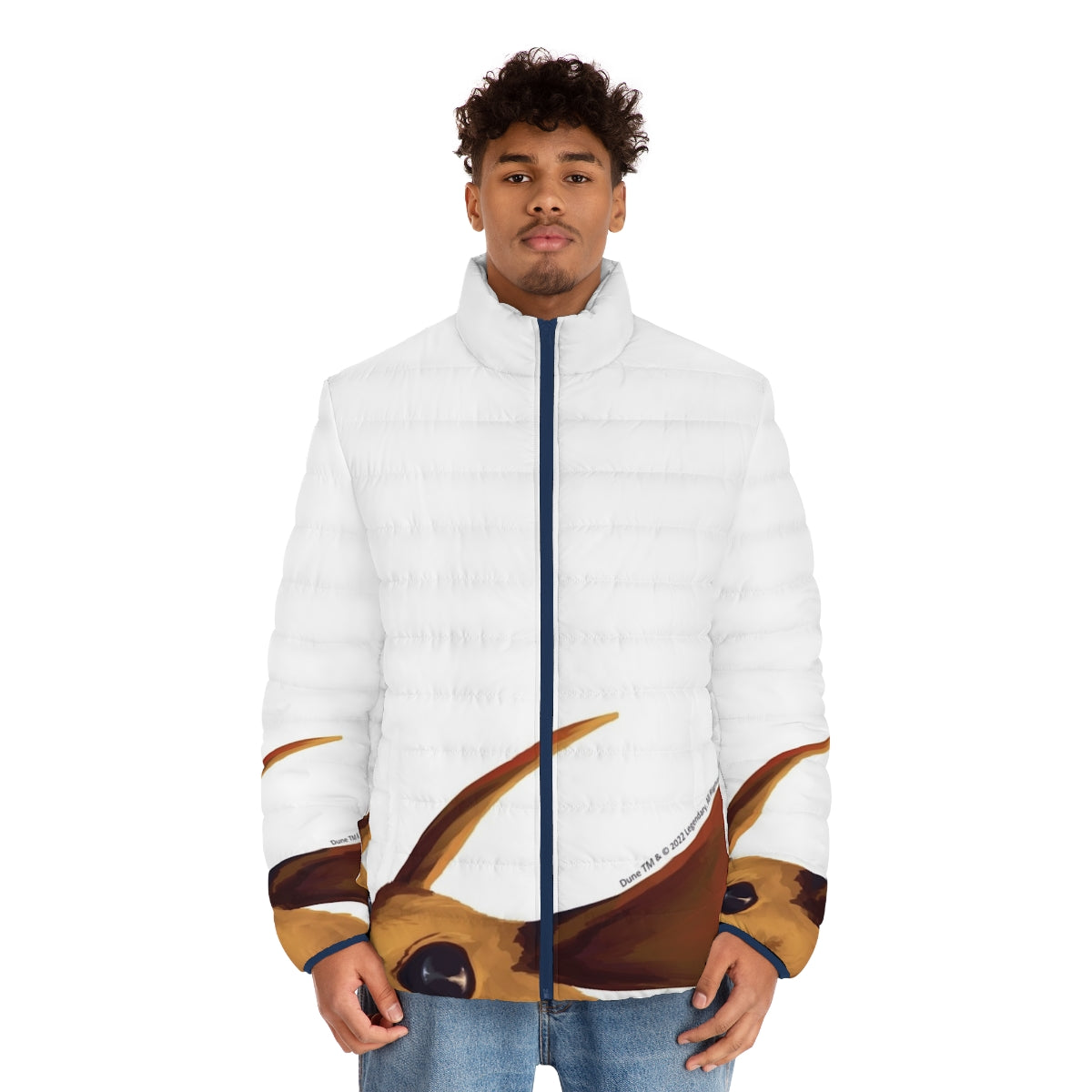 A puffer jacket featuring a desert mouse design inspired by the Dune movie - men front