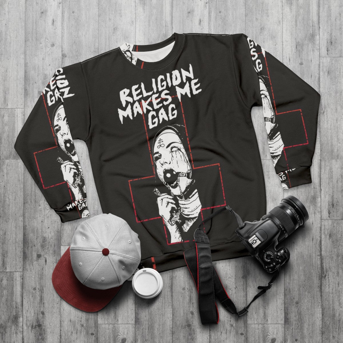 Edgy gothic "religion makes me gag" womens sweatshirt - flat lay