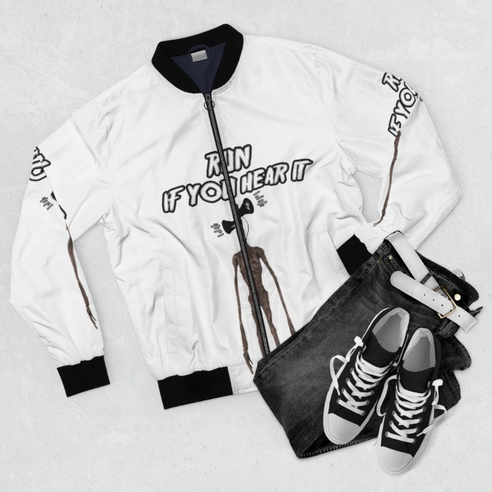 Siren Head horror-themed bomber jacket with a creepy, skull-like design - Flat lay