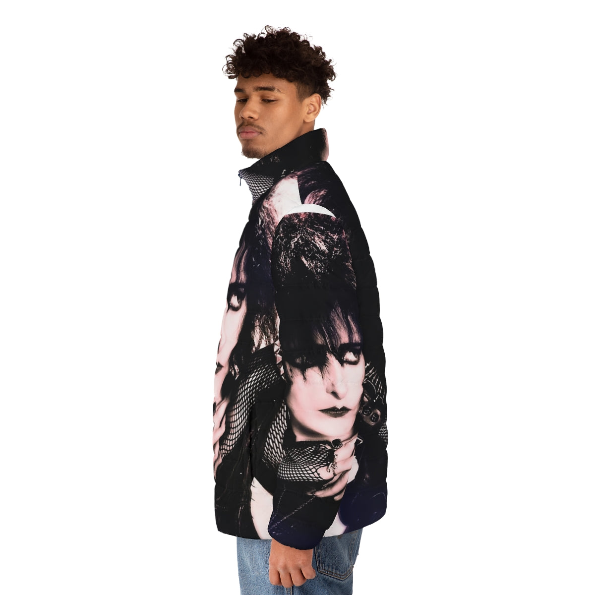 Siouxsie and the Banshees inspired puffer jacket with gothic and punk design - men side left