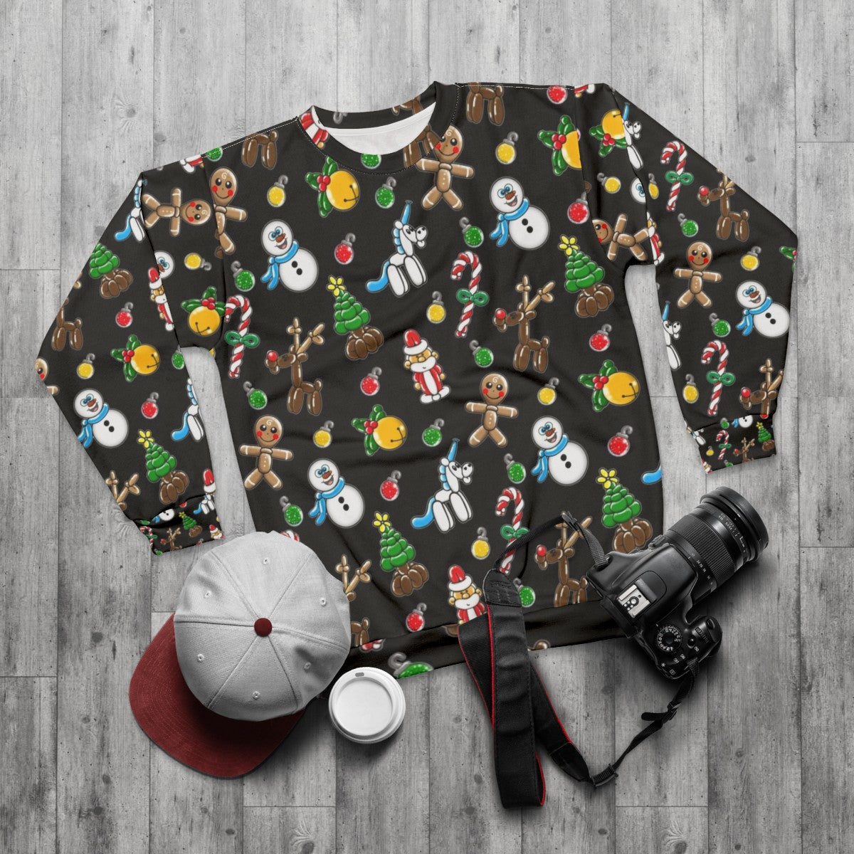 Christmas balloon sweatshirt with colorful balloons - flat lay