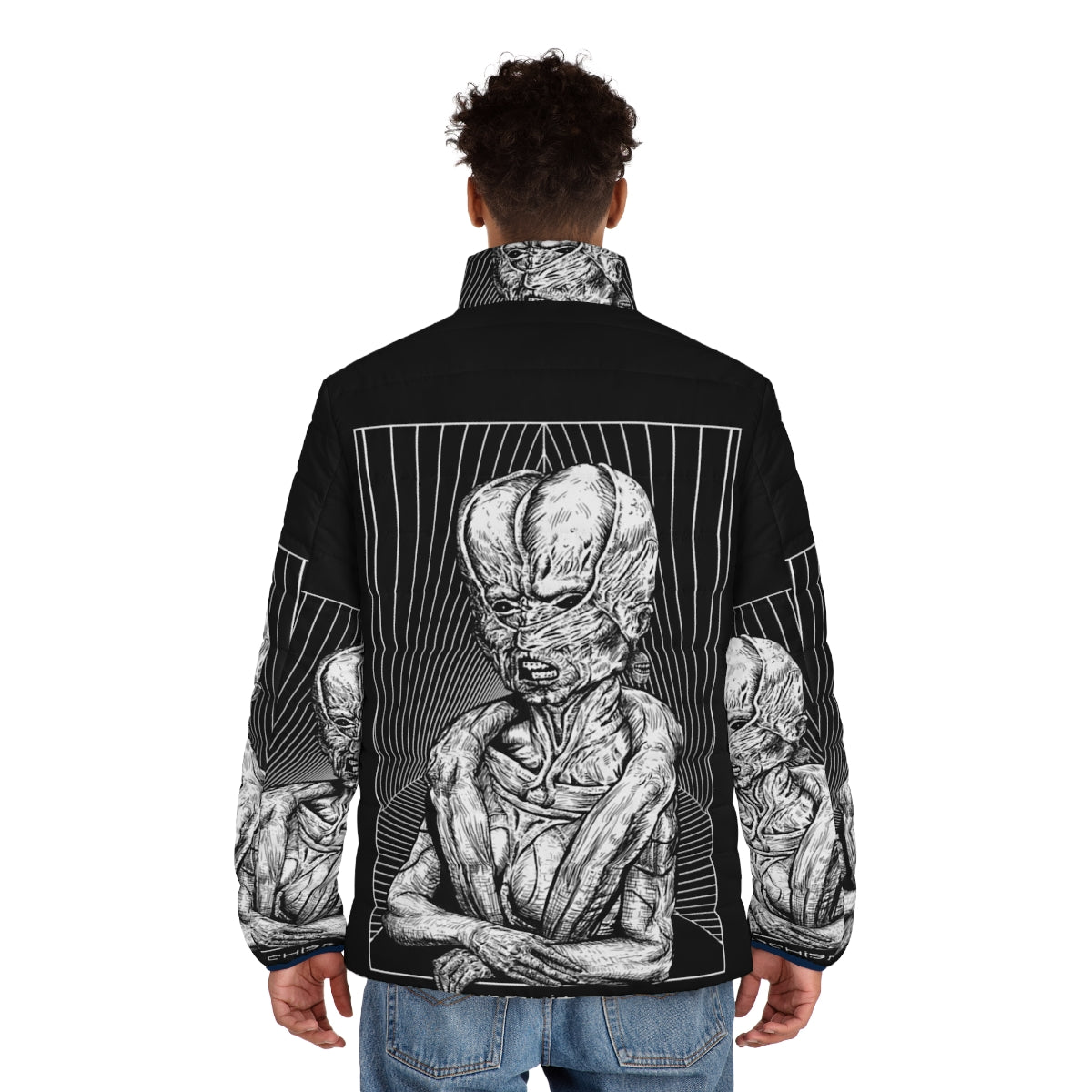 Schism Puffer Jacket featuring dark, gothic, and occult art design - men back