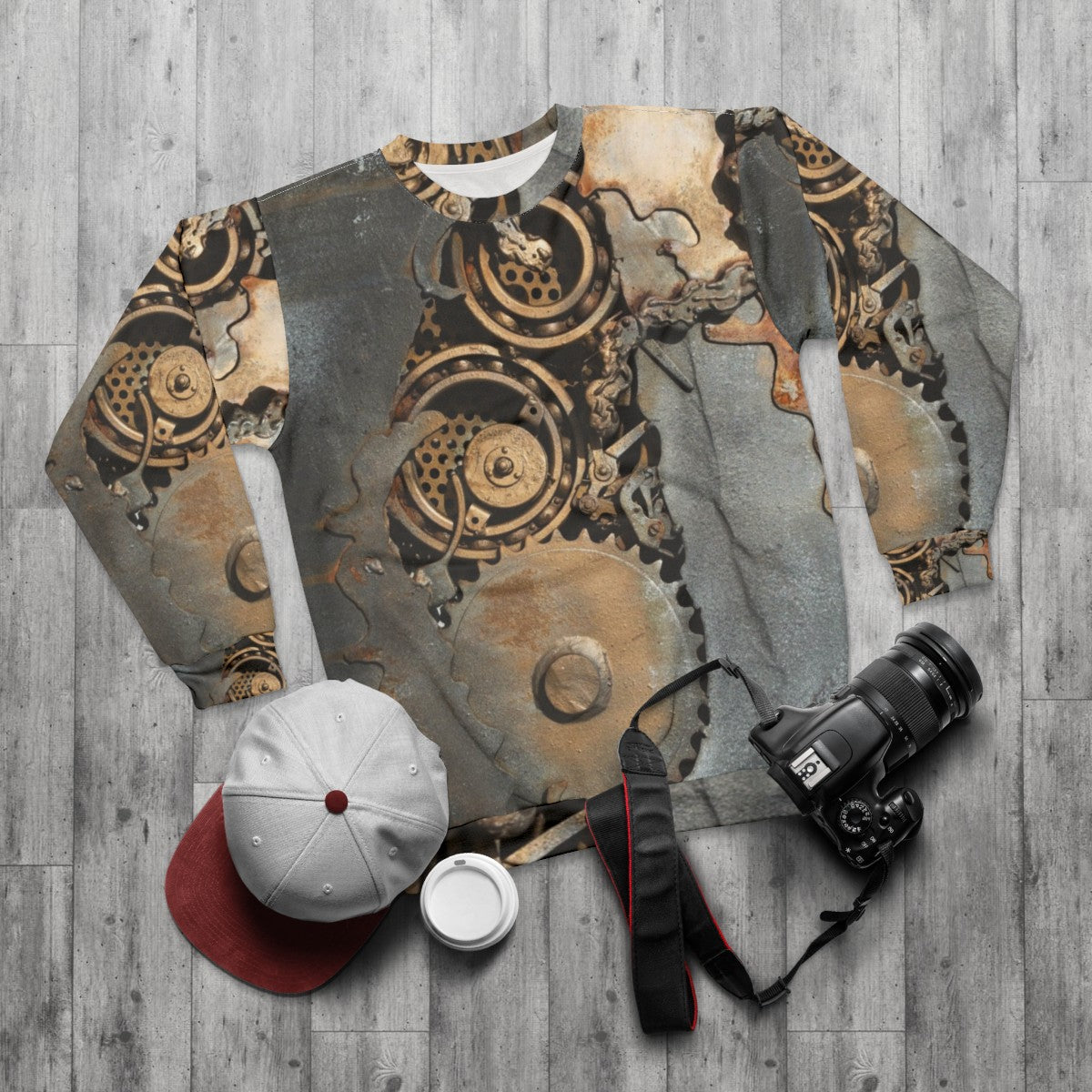 Steampunk Gears Sweatshirt featuring rusty metal cogs and sprockets - flat lay