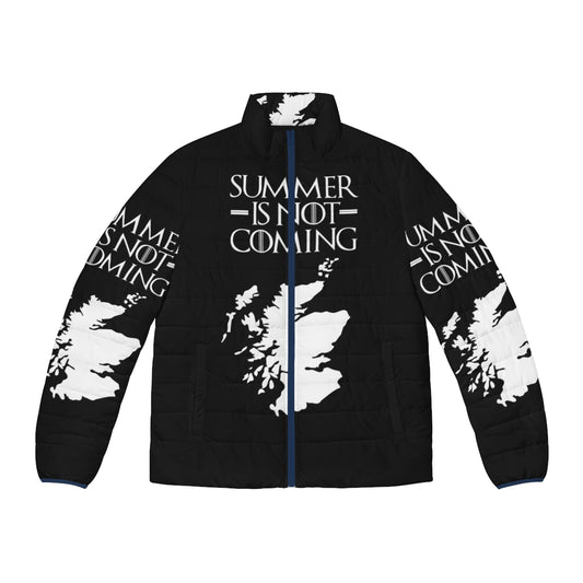 Scotland-themed puffer jacket with "Summer Is Not Coming" text, inspired by the Game of Thrones series.