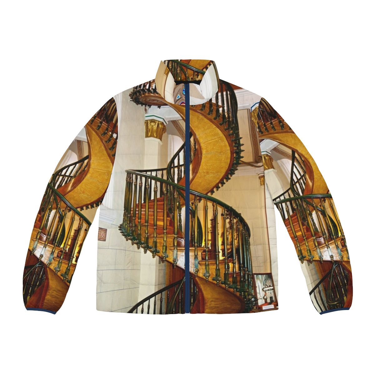 Loretto Chapel Staircase Puffer Jacket featuring the iconic spiral staircase