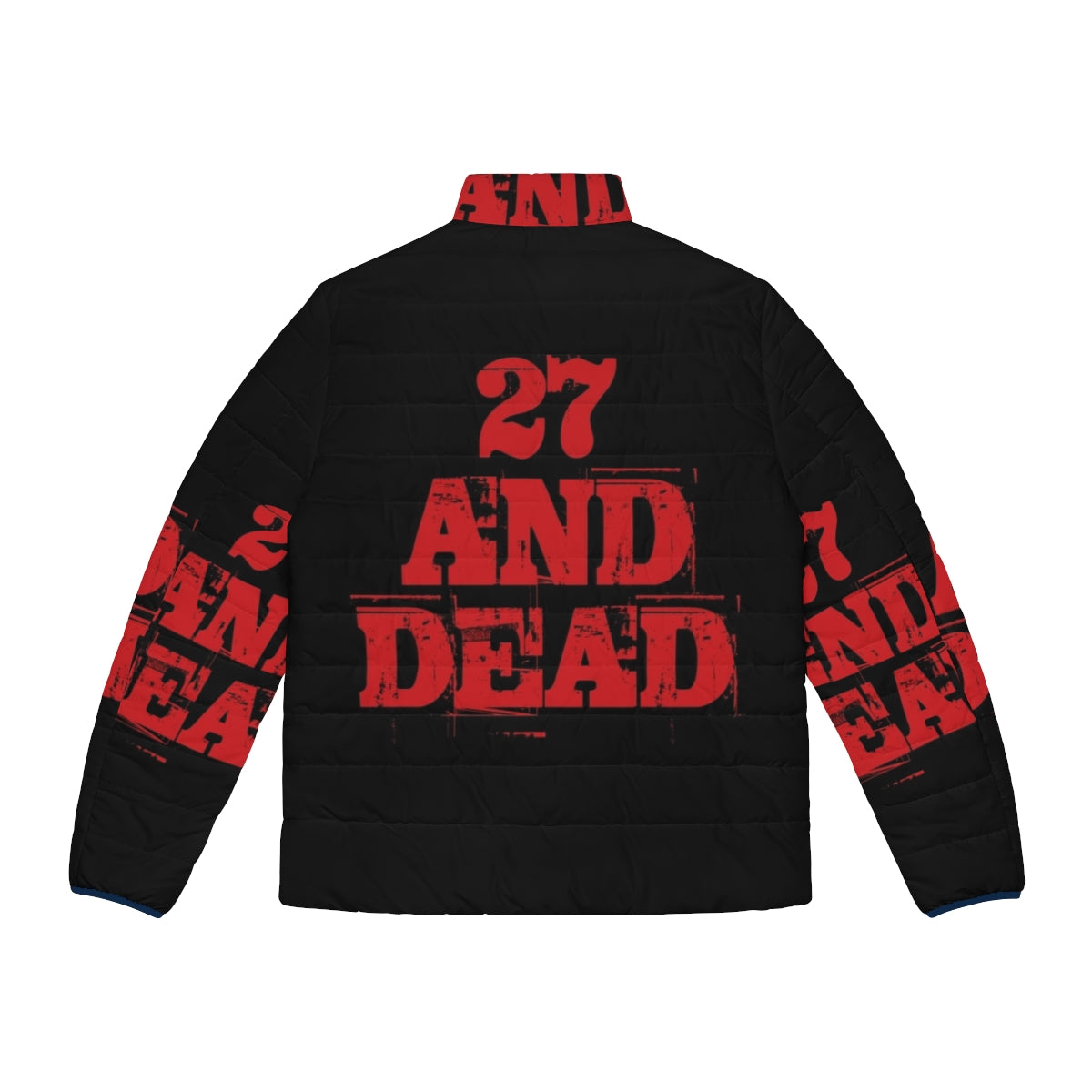 '27 and Dead' retro puffer jacket featuring pop culture references - Back