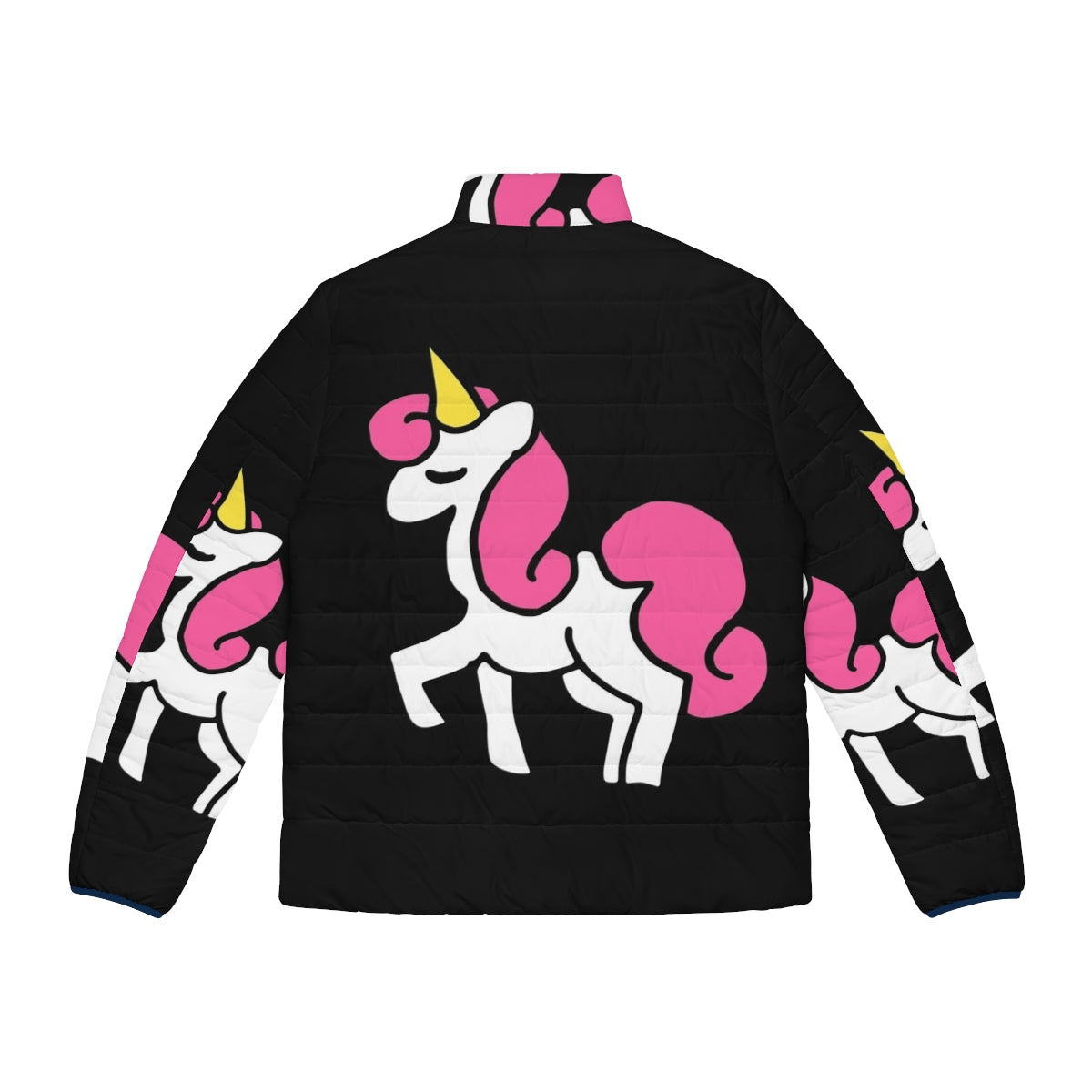 A close-up image of a cute pink unicorn puffer jacket with a whimsical design. - Back