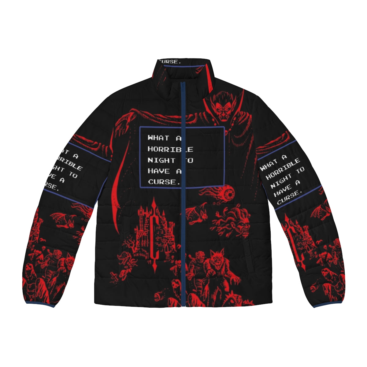 A puffer jacket with a gothic, Castlevania-inspired design featuring Dracula and other iconic horror elements.