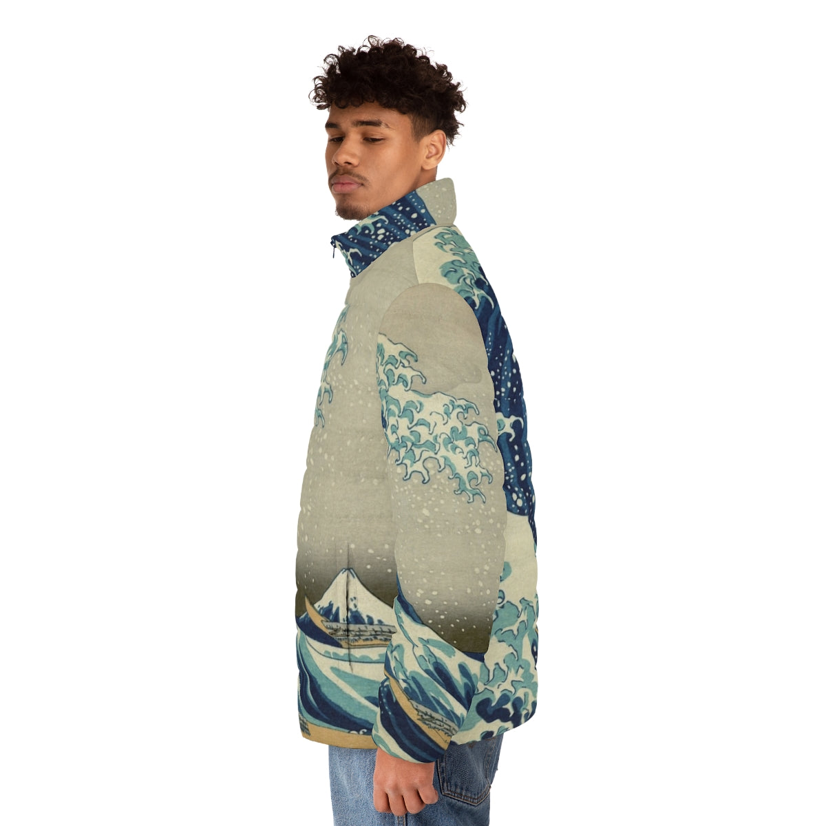 A puffer jacket featuring the iconic "The Great Wave off Kanagawa" Japanese woodblock print design - men side left