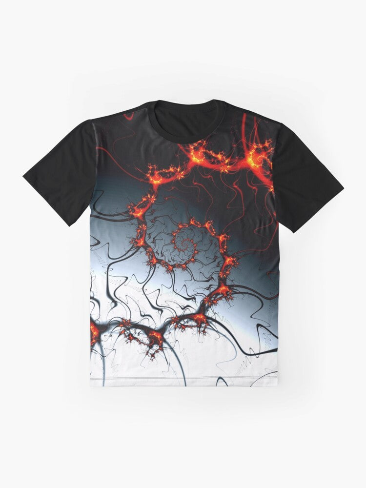 Burning Fractal Graphic T-Shirt with Spiral and Fibonacci Design - Flat lay