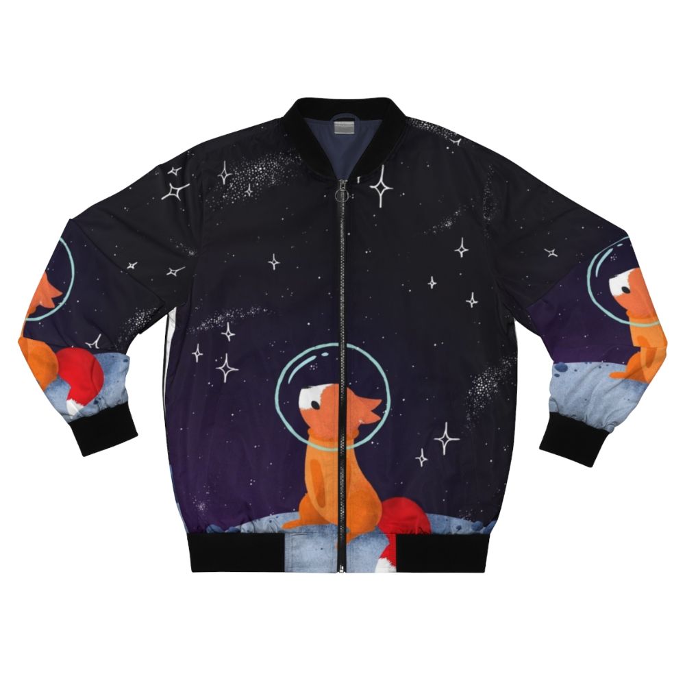 Illustration of a cute space fox in a bomber jacket, exploring the galaxy