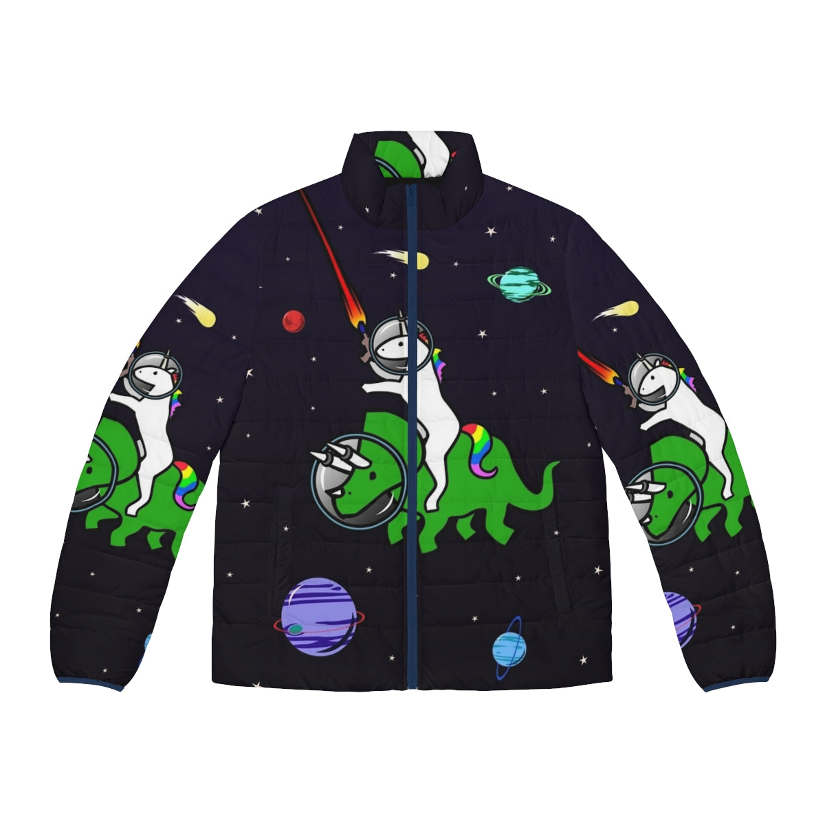 A whimsical puffer jacket featuring a unicorn riding a triceratops in an outer space setting