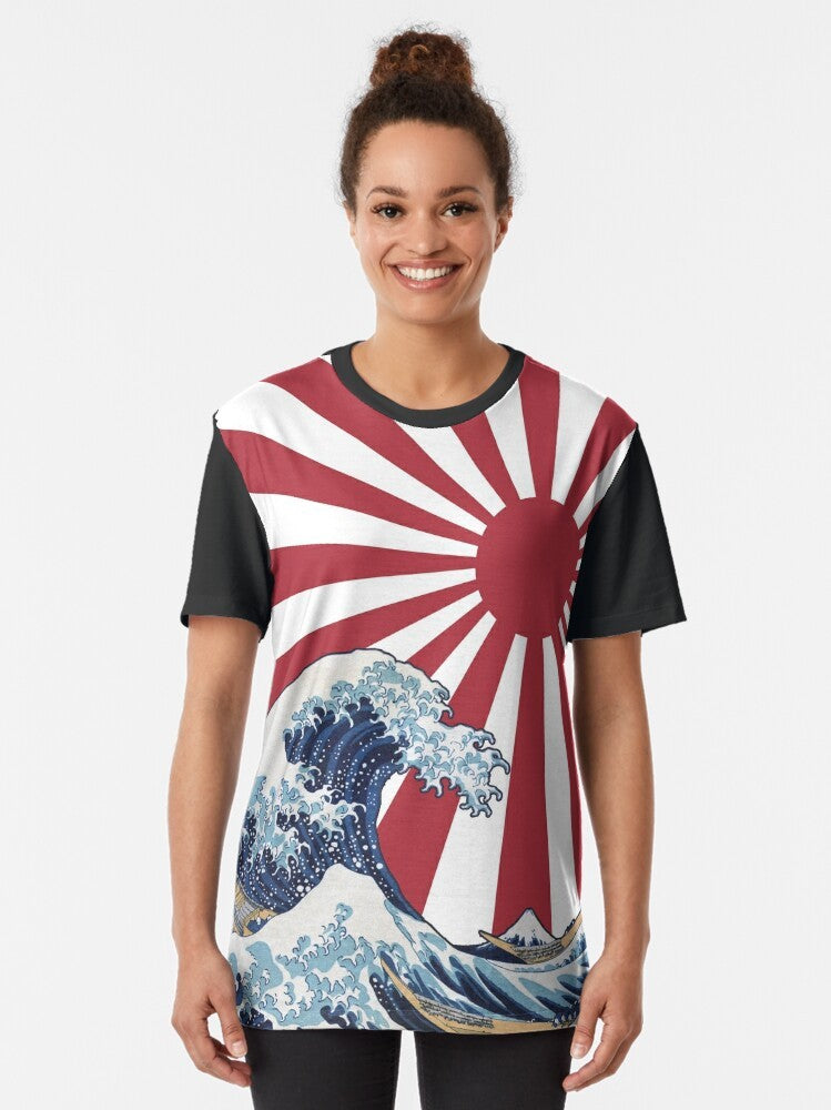 T-shirt design featuring the Great Wave off Kanagawa and the rising sun, representing Japanese culture and the "Land of the Rising Sun". - Women