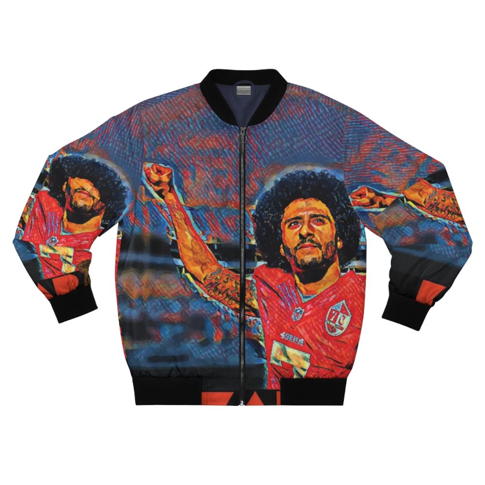 A stylish bomber jacket featuring the image of Colin Kaepernick kneeling during the national anthem