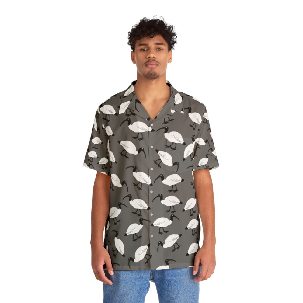 Colorful Hawaiian shirt with a repeating pattern of Australian bin chickens - People Front