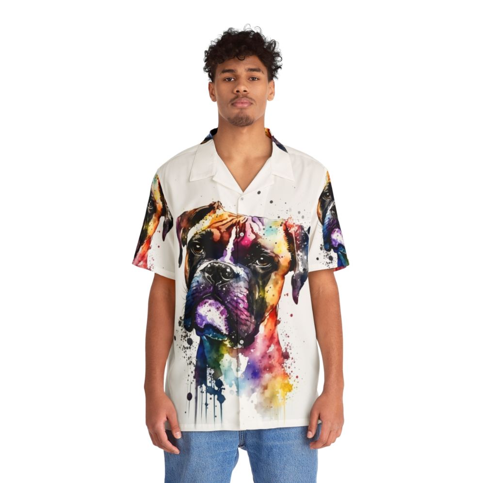 Colorful watercolor portrait of a boxer dog on a Hawaiian shirt - People Front