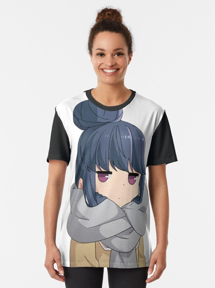 Rin Shima from the Yuru Camp anime series featured on a graphic t-shirt design - Women