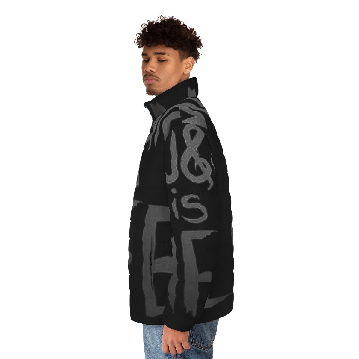 Person wearing music-themed puffer jacket - men side left