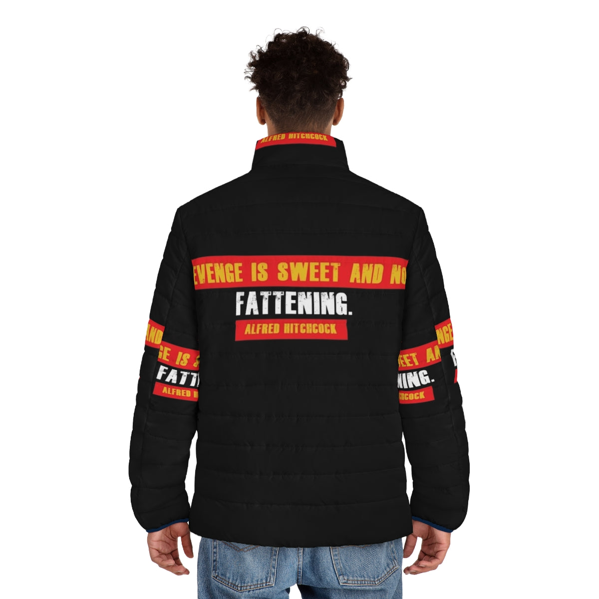 Alfred Hitchcock inspired puffer jacket with quotes and movie references - men back