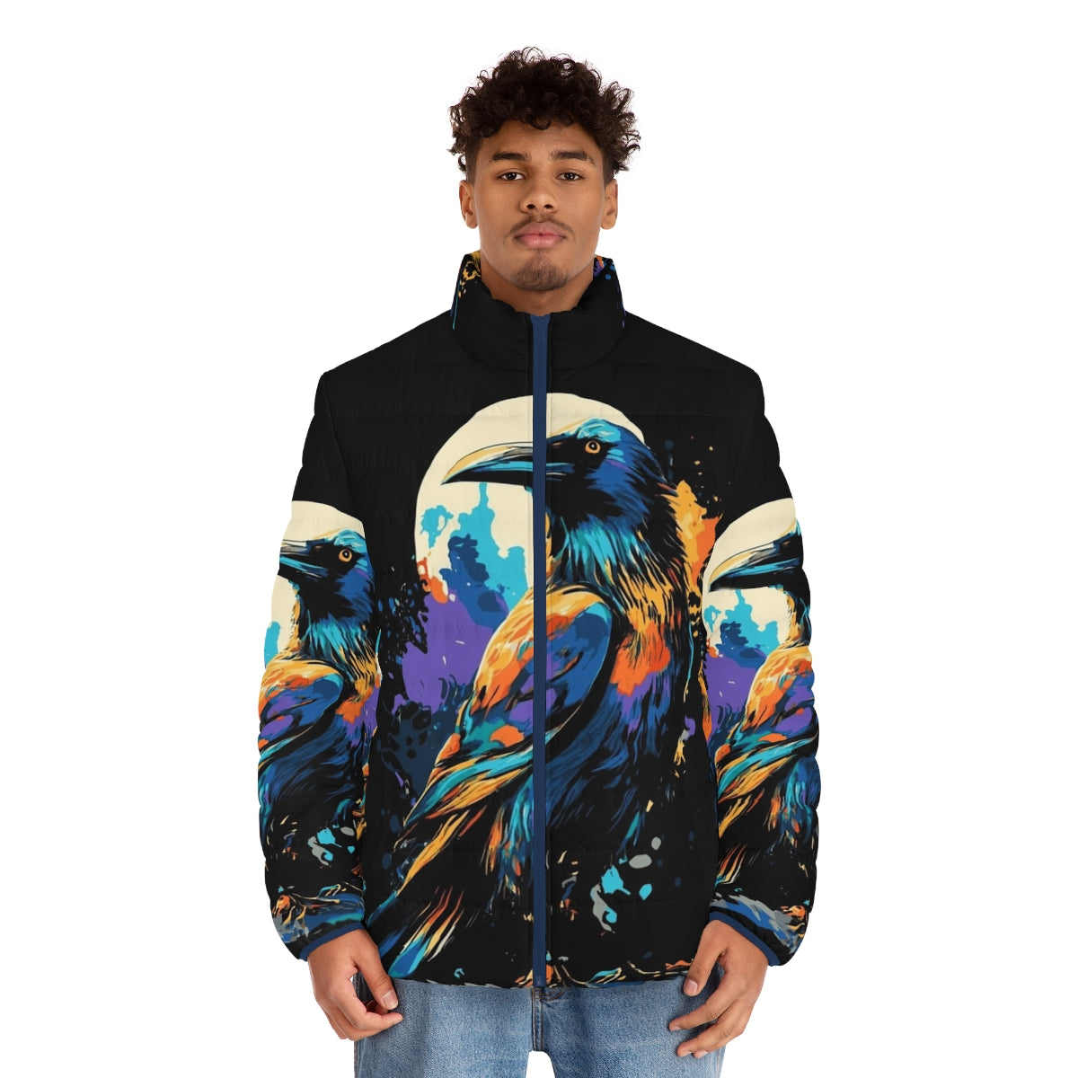 Colorful puffer jacket with a raven design for winter - men front