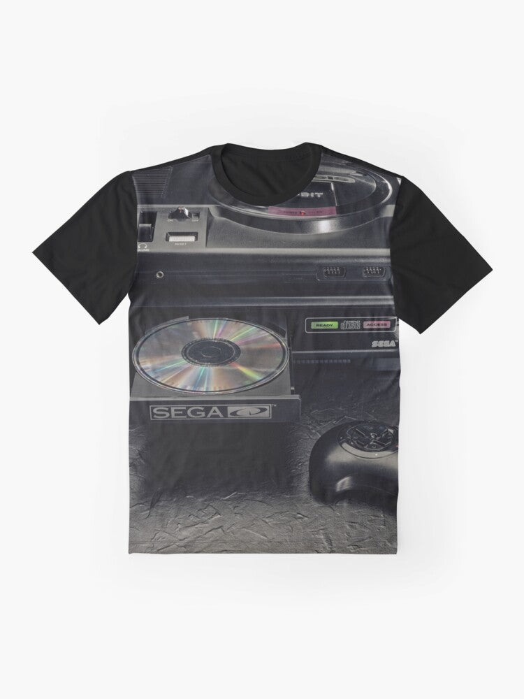 Retro gaming graphic t-shirt featuring a vintage video game controller and pixel art design - Flat lay