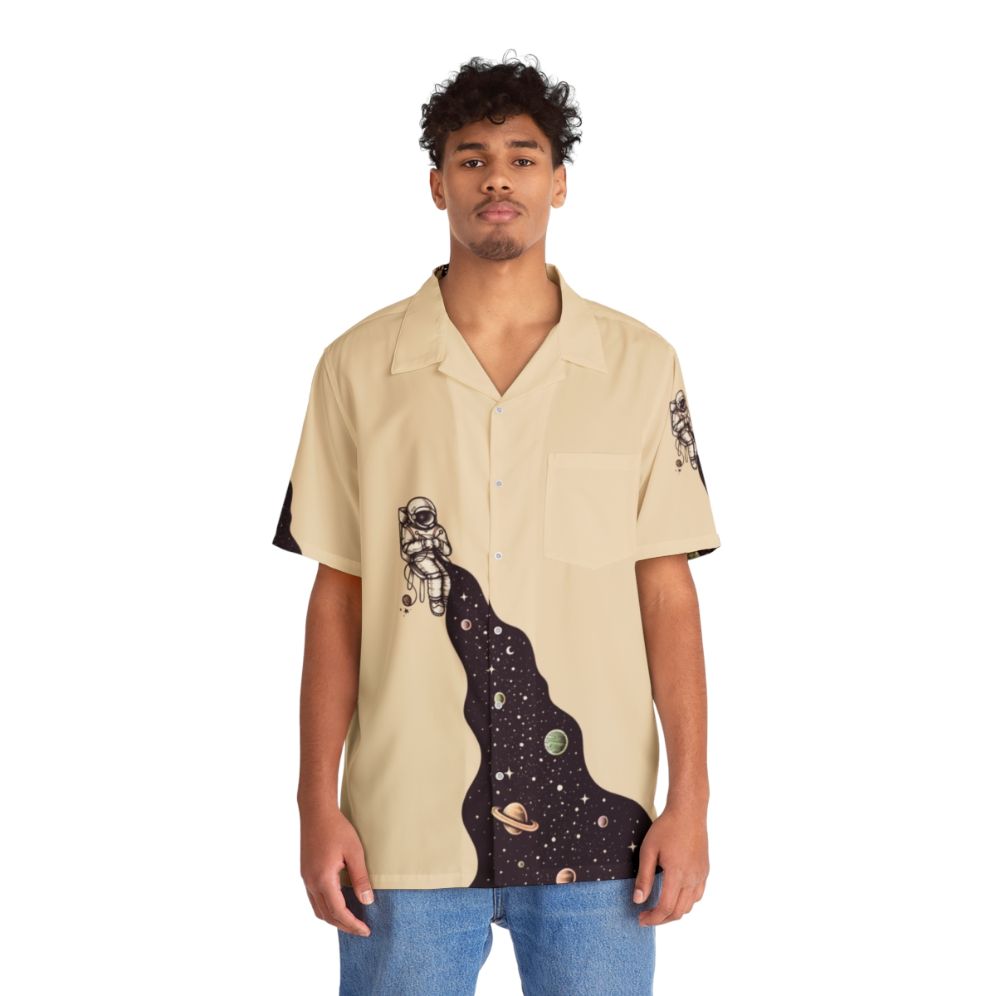 Man wearing a vibrant Hawaiian shirt with a cosmic, galaxy-inspired design - People Front