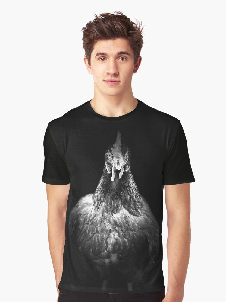 Hen-tensity graphic t-shirt with a vintage-style illustration of a hen, chicken, or rooster - Men