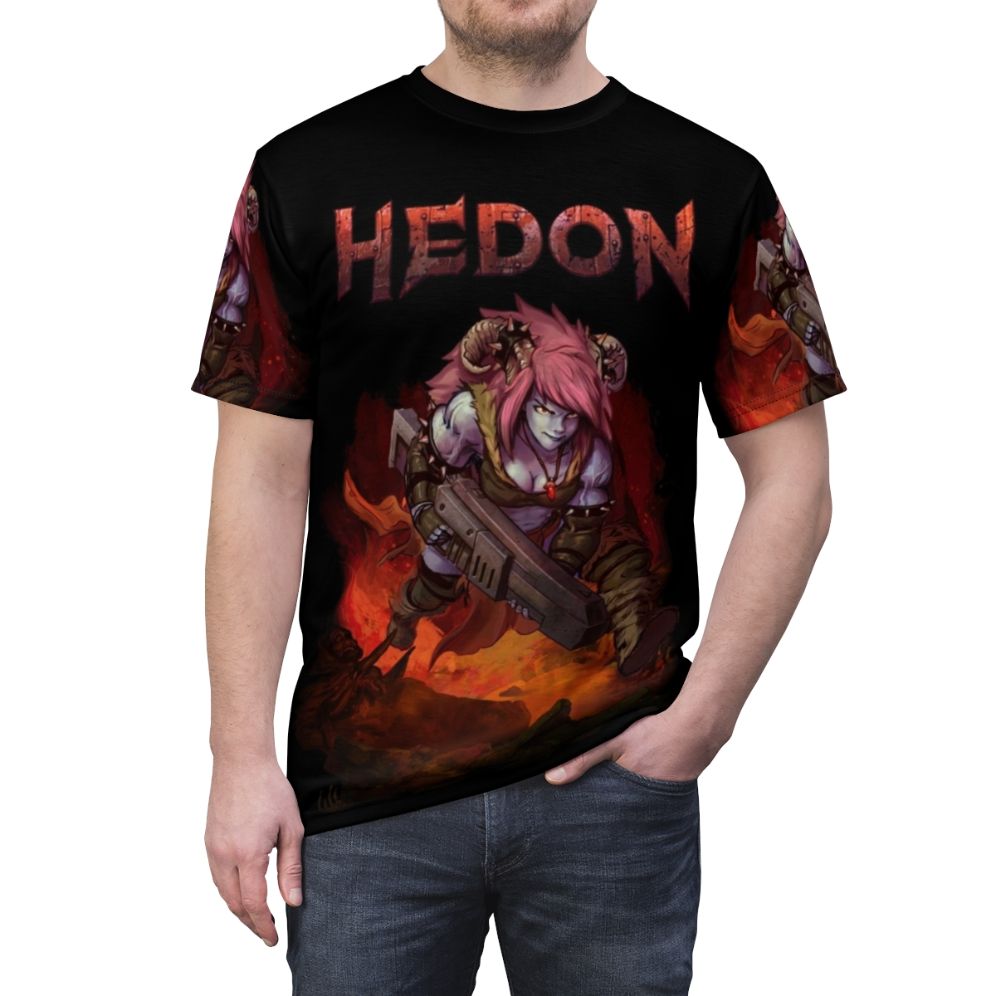 Hedon-inspired fantasy video game character splash art design on an all-over print t-shirt - men front