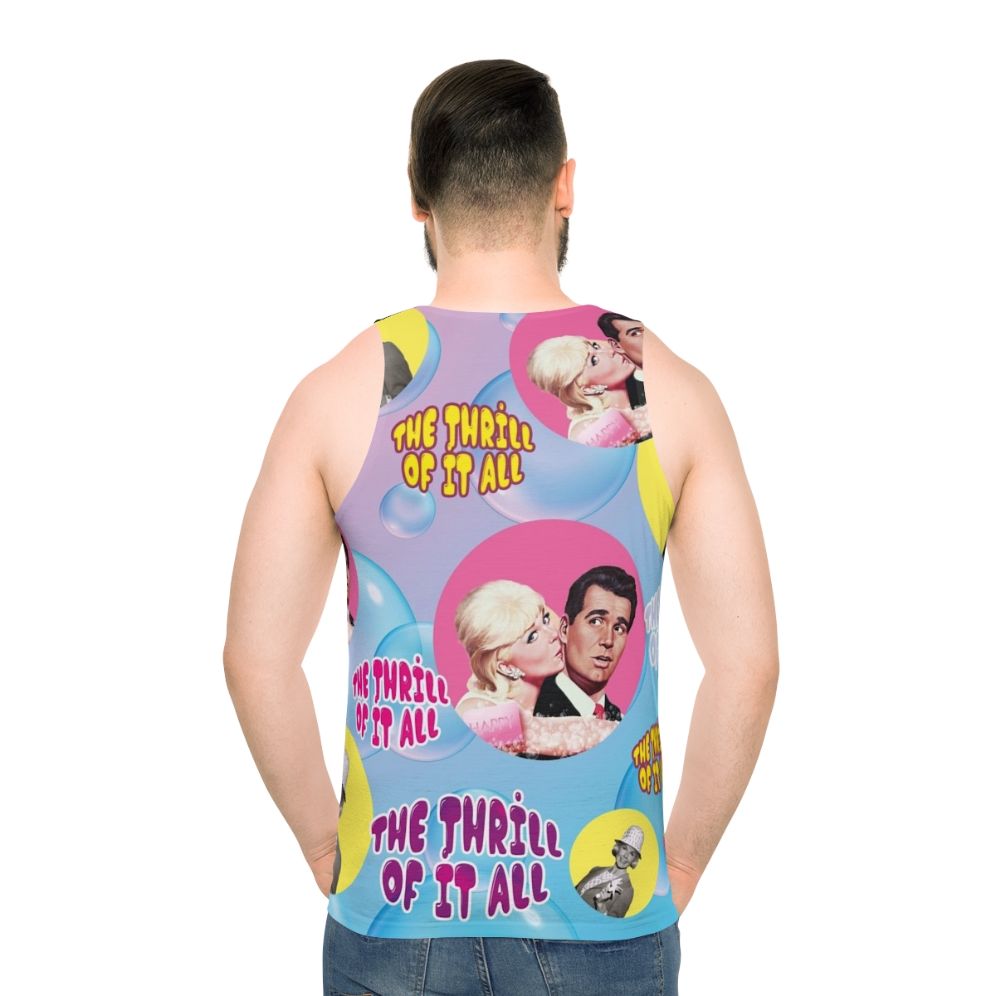 Retro 60s comedy unisex tank top with "The Thrill of It All" movie design - men back