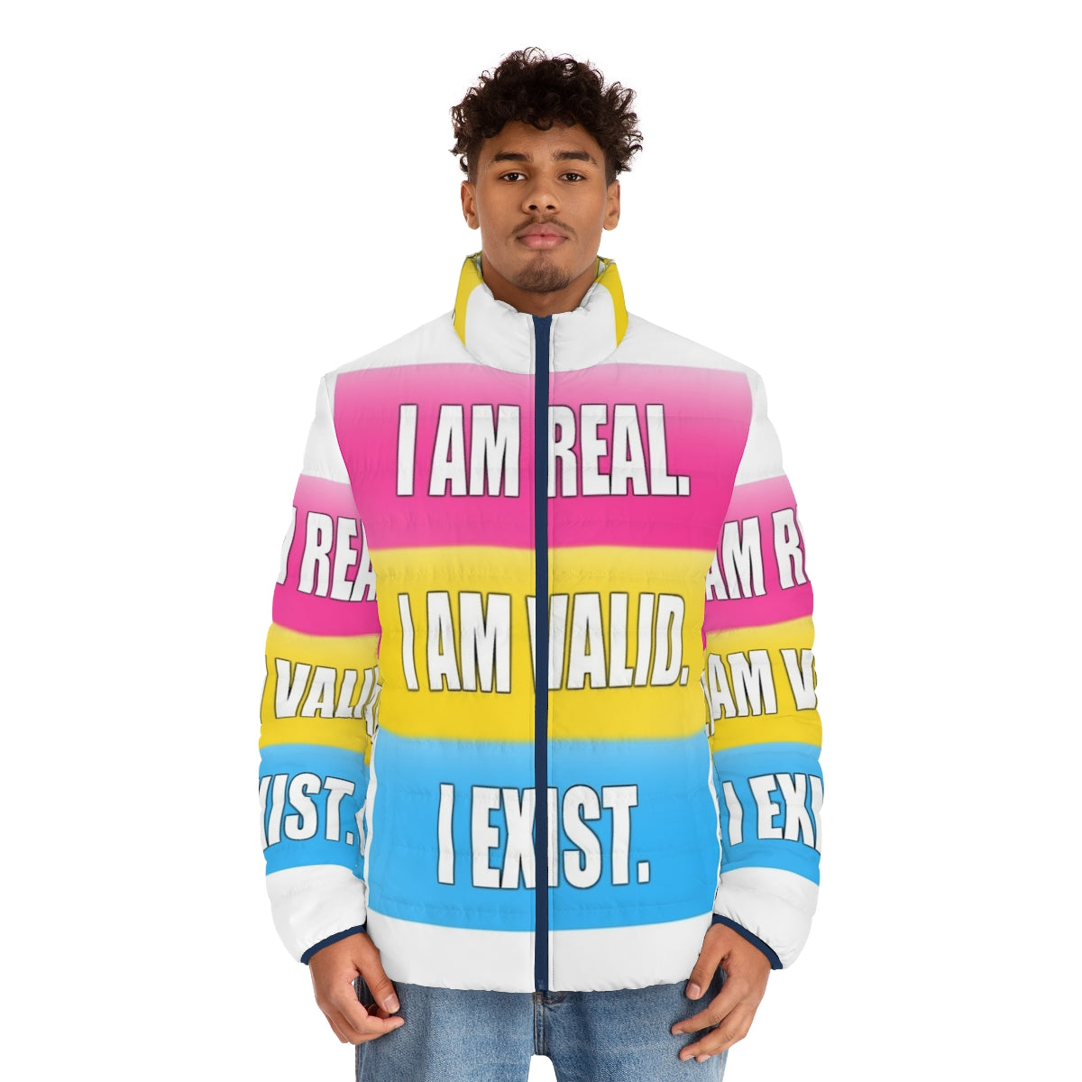 Pansexual pride puffer jacket with the text "I Am Real, I Am Valid, I Exist" - men front