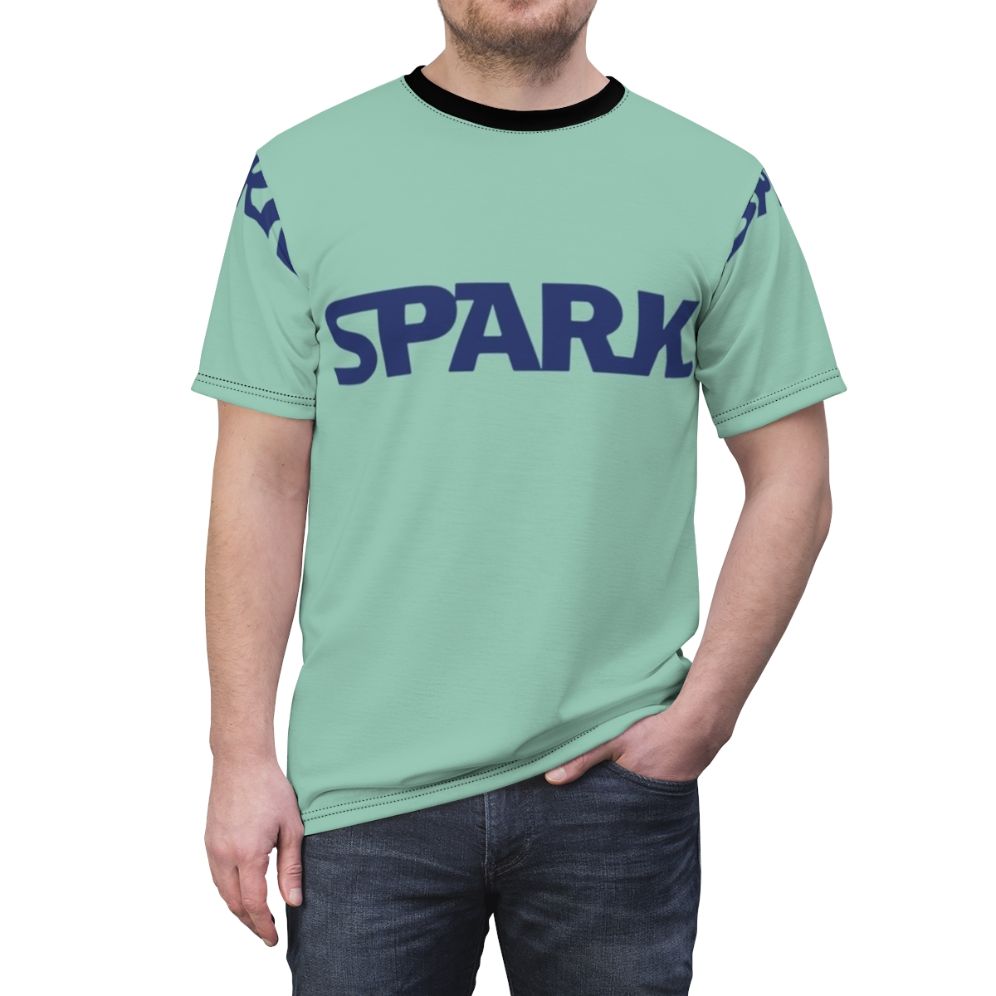 Spark inspired Watamote anime-style t-shirt with Star Wars font and otaku graphics - men front