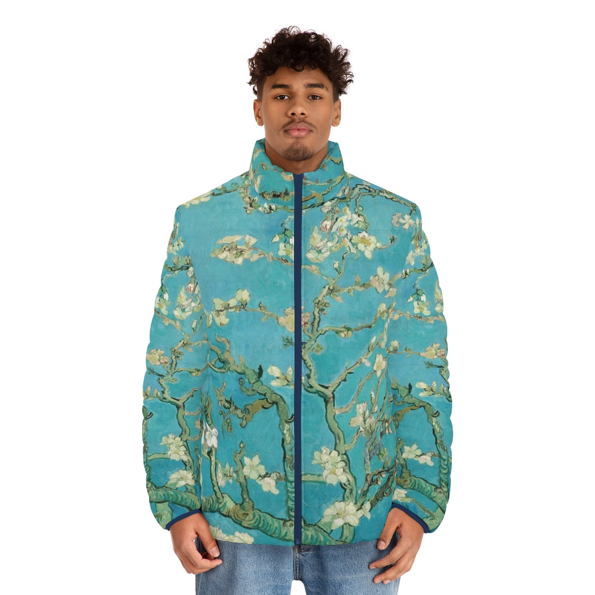 Almond blossom puffer jacket featuring Vincent Van Gogh's impressionist art - men front