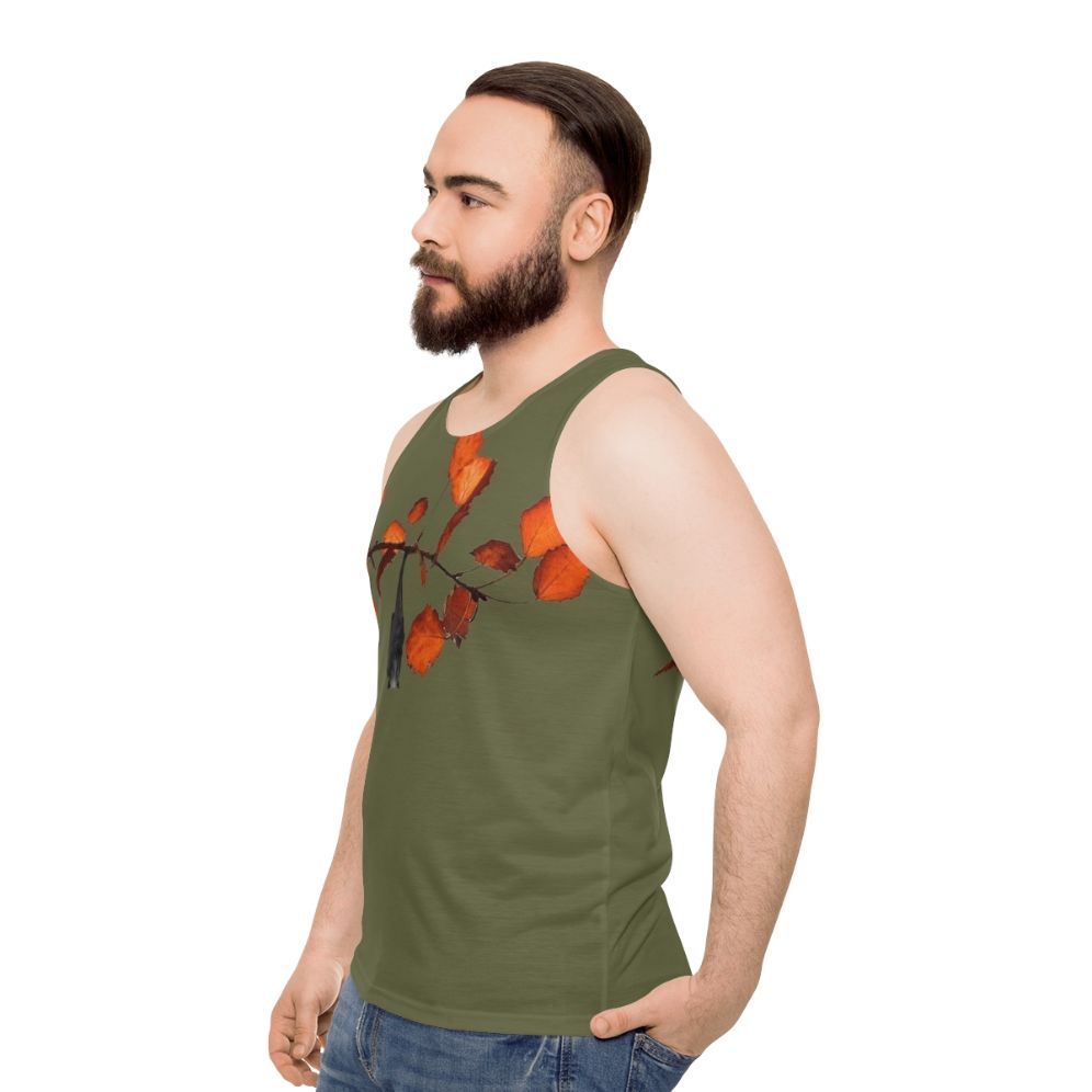 Moss green unisex tank top with cute bats hanging on leaves - men side