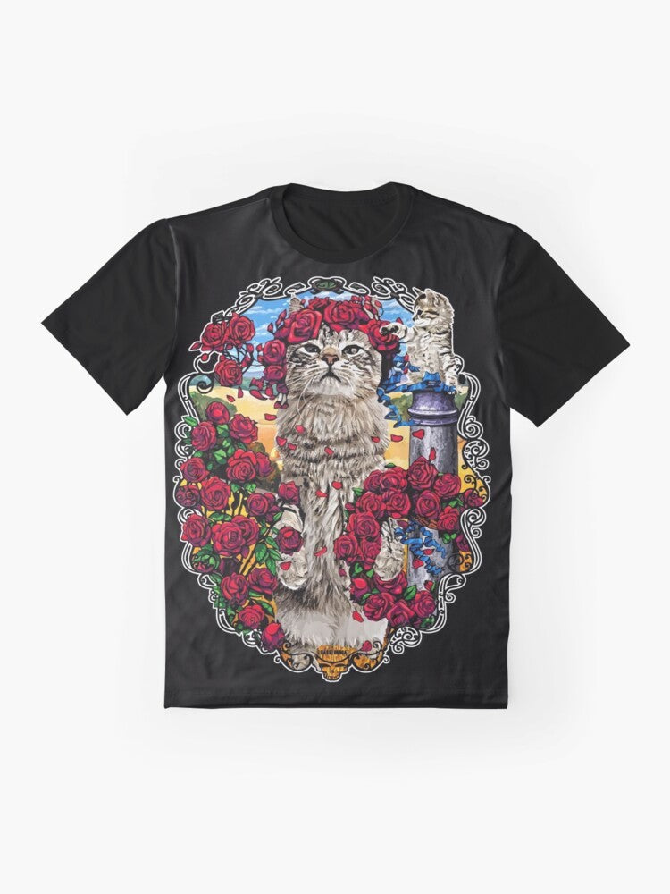 Graphic t-shirt design featuring grateful cats and roses - Flat lay