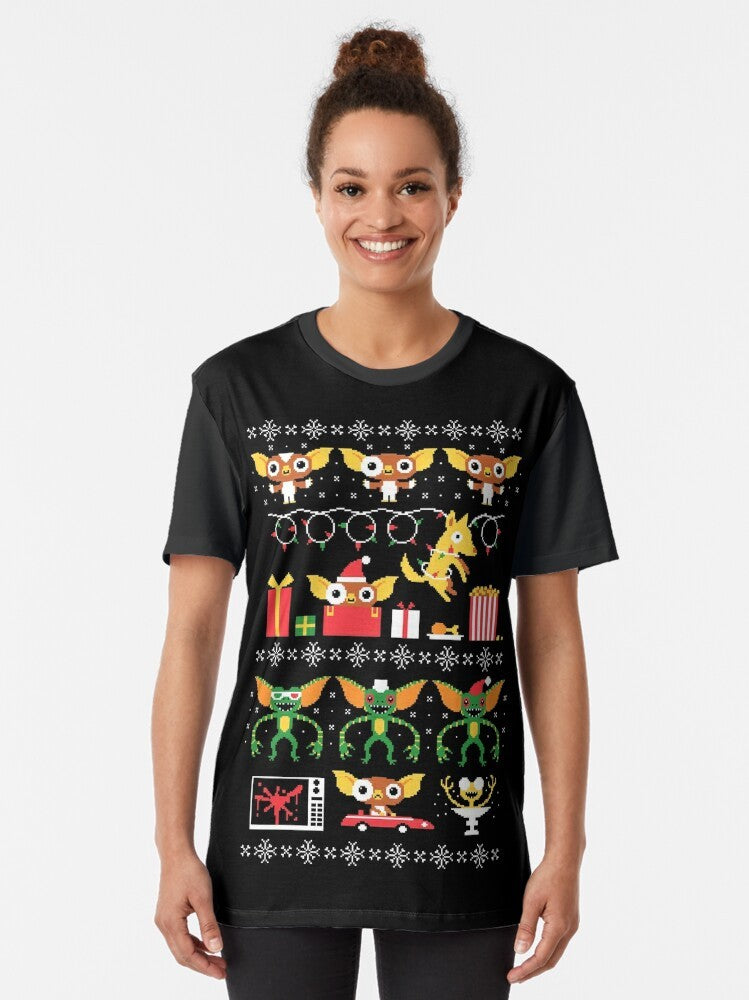 "Gremlin 80s Christmas" graphic t-shirt with a retro design - Women