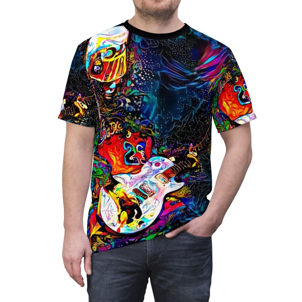 Colorful graphic t-shirt featuring abstract fan art design of musician Buckethead - men front