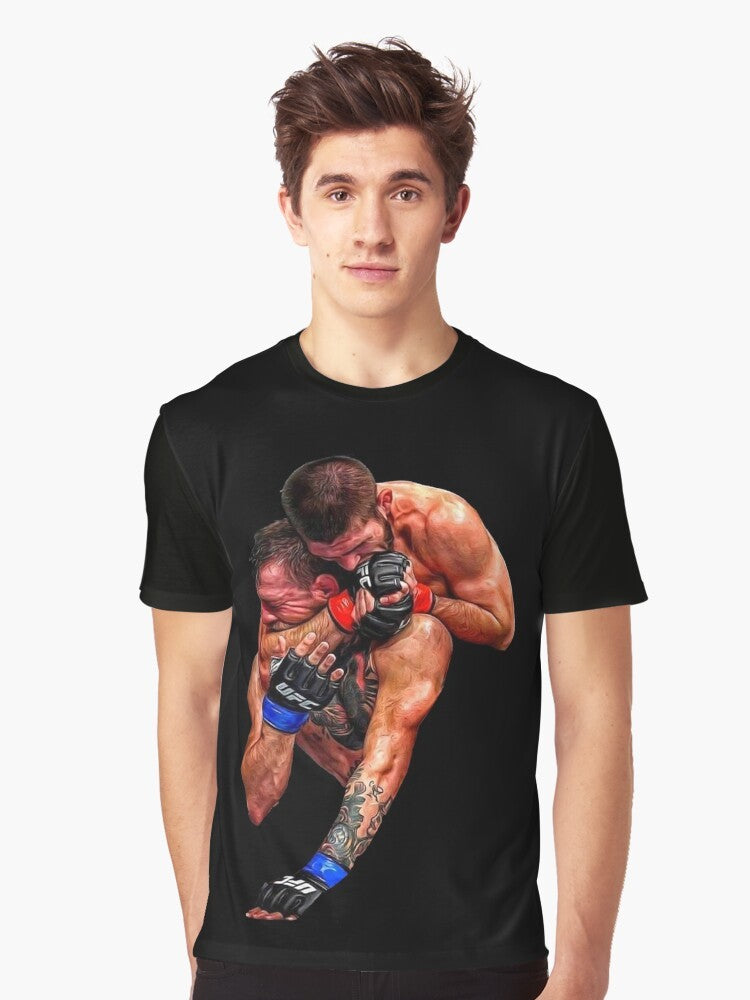 Graphic t-shirt featuring Khabib Nurmagomedov submitting Conor McGregor with a neck crank in their UFC 229 fight. - Men