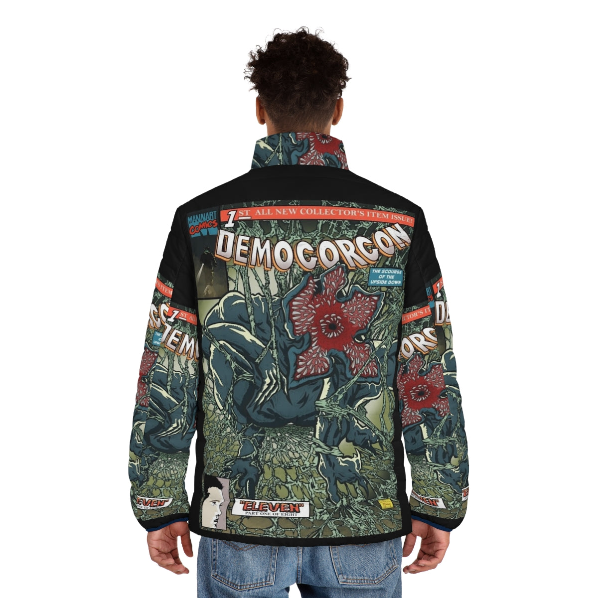 Demogorgon Puffer Jacket featuring Stranger Things-inspired design with spiderwebs and interdimensional elements - men back