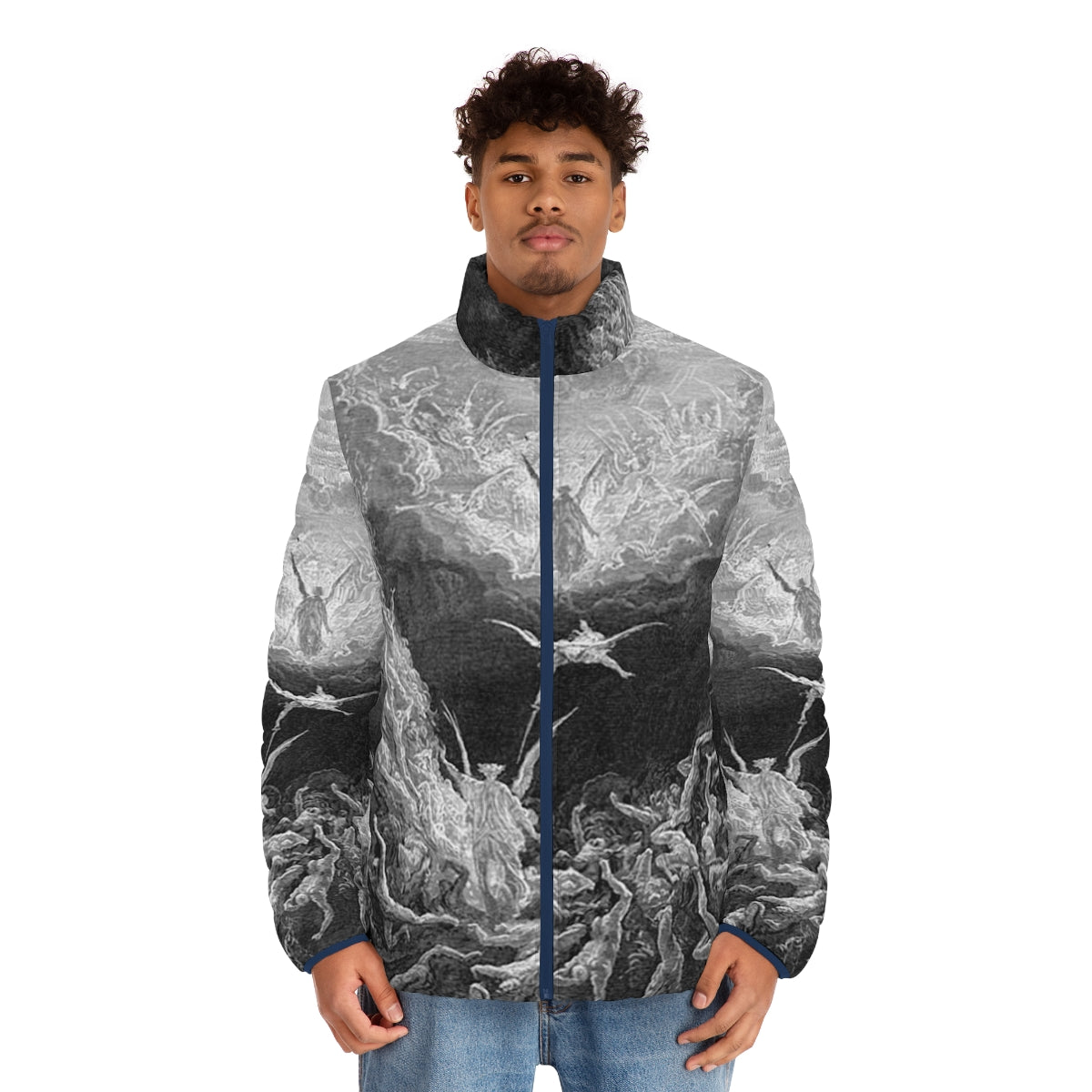 Puffer jacket featuring Gustave Doré's famous religious illustration 'The Last Judgement' - men front